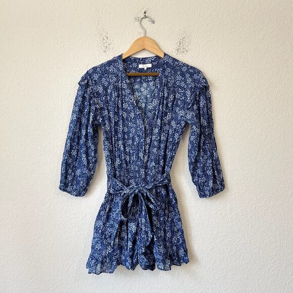 PARKER Romper Navy Blue Ditsy Floral Puff Sleeve Belted Smocked Boho - Picture 1 of 12